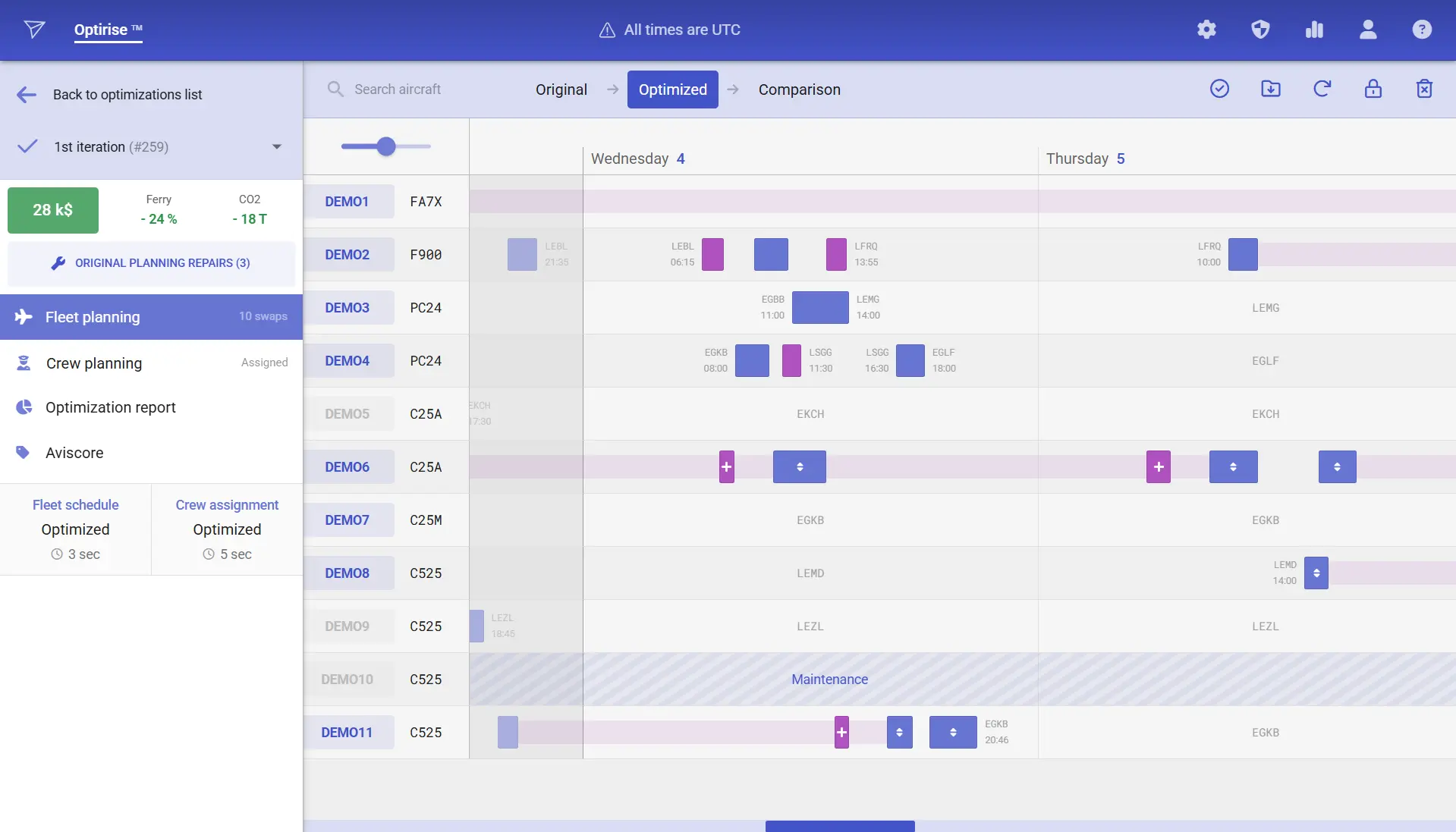 OPTIRISE fleet schedule optimization dashboard mockup